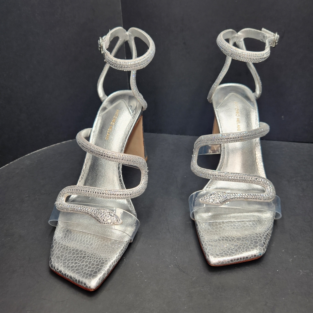 Antonio Melani heeled sandals 9 silver rhinestone Snake Ninna wedding new $130
